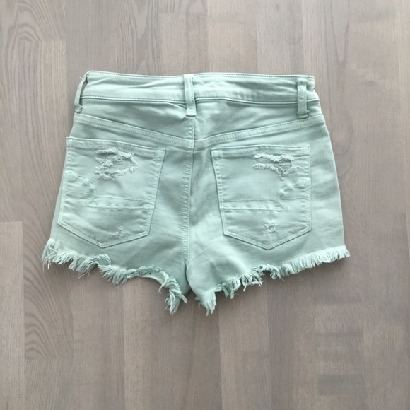 American Eagle Dusty Mint Pastel Mid / High Rise Distressed Stretchy Shorts - Picture 2 of 7